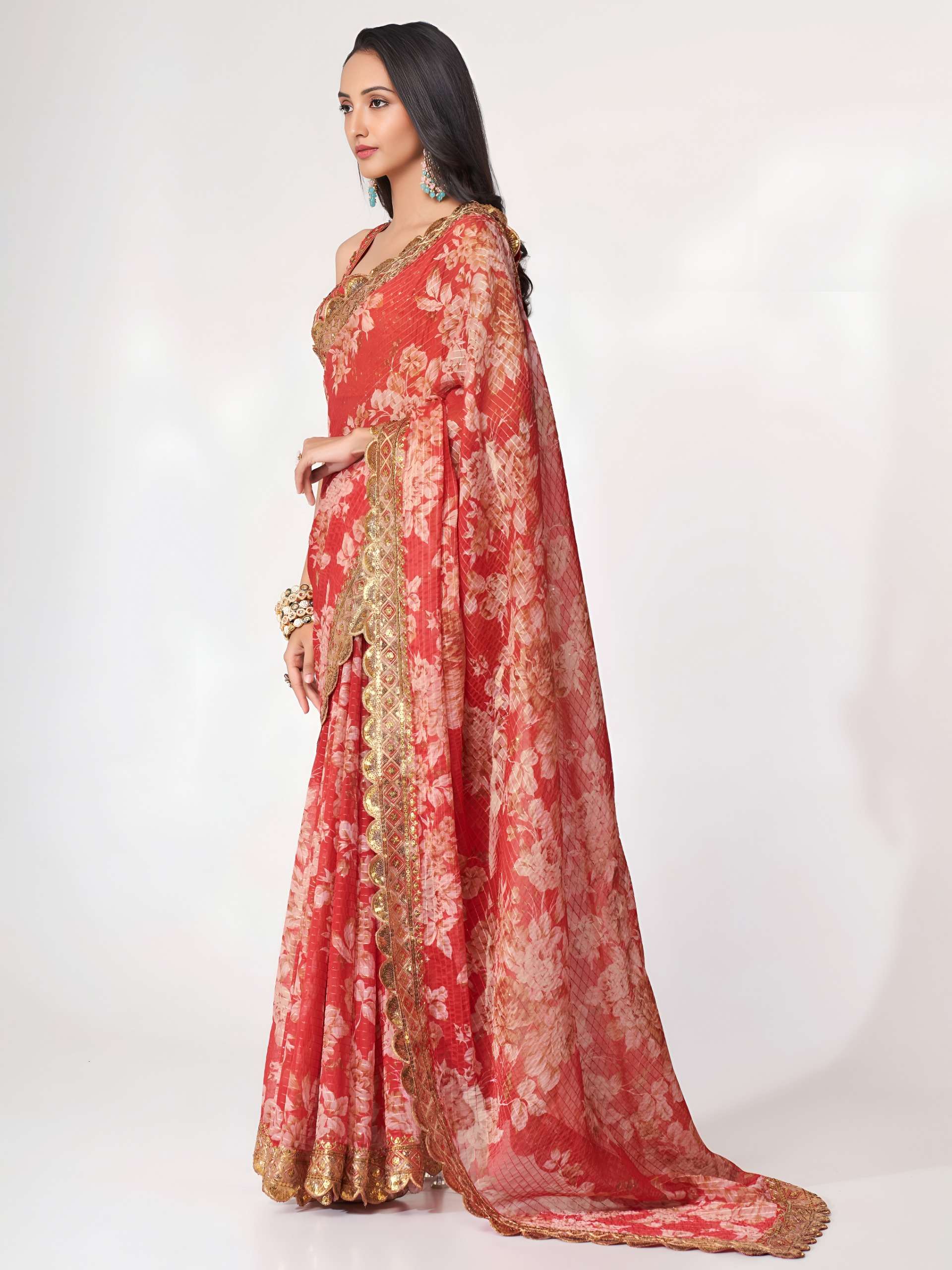 Coral crimson Red colou pretty Floral design on Royal Organza fabric Saree Wholesale in surat 1107 Red 